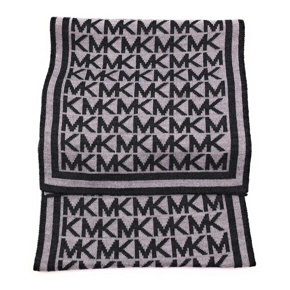 Michael Kors Bordered MK Logo Print Muffler Scarf – Pearl Heather, Acrylic Knit - Picture 2 of 5
